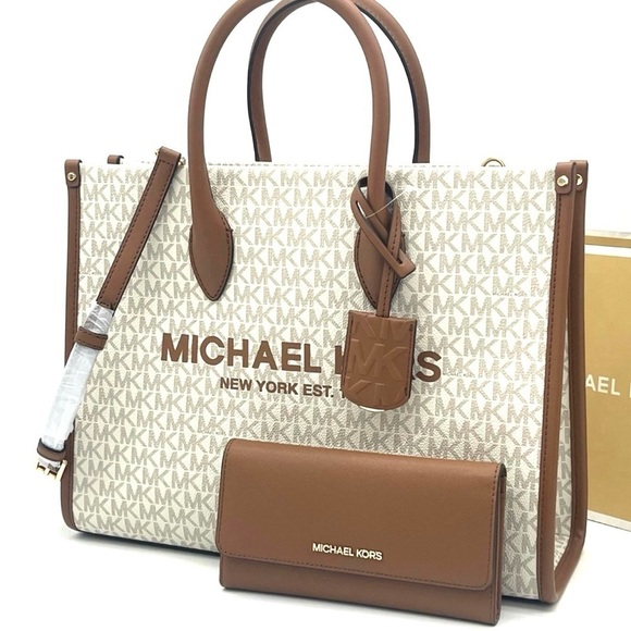 Michael Kors Handbags - Michael Kors Mirella Medium EW Tote Bag & Trifold Wallet Vanilla/Brown (NWT)